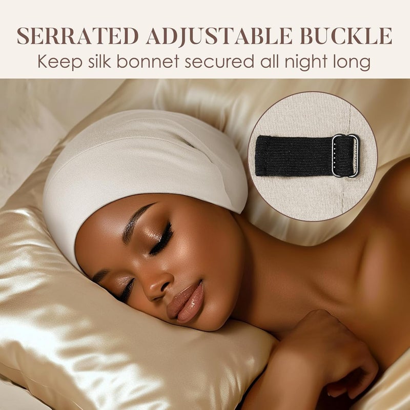 LULUSILK Mulberry Silk Lined Sleep Cap, No More Frizzy Tangled Hair, Stay On All Night Silk Hair Wrap for Sleeping with Adjustable Strap, Silk Bonnet for Women and Men, White, Pack of 1 - Image 4